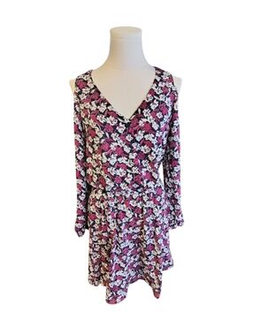 Banana Republic Cold Shoulder Red Black White Floral Cinched Waist Dress Size 0